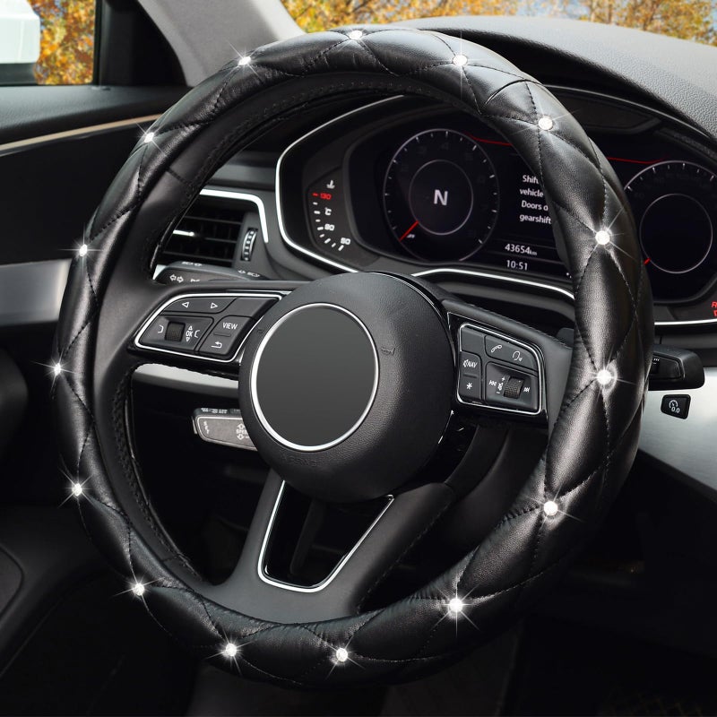 KAFEEK Diamond Soft Leather Steering Wheel Cover with Bling Bling Crystal Rhinestones, Universal 15 inch Anti-Slip, Car Interior Accessories for Women Girls, Black - Image 3